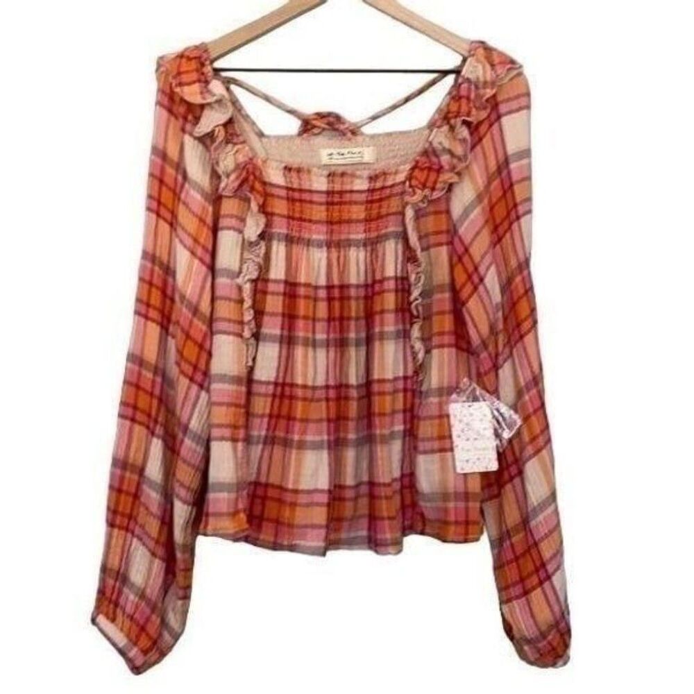 NWT Free People Large Plaid Long Sleeve Tea Combo Siena Plaid Top Shirt